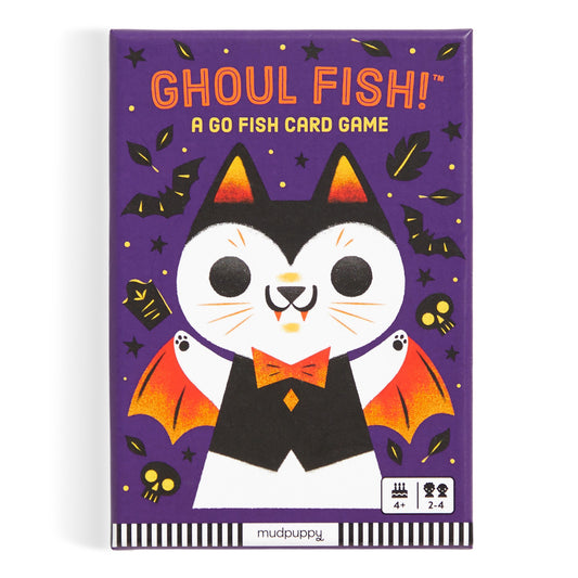 The image shows the box for Ghoul Fish! Card Game by Caley Hicks, featuring a cartoon bat-cat in a vampire costume with bats and skulls on a purple background. Perfect for Halloween, its for ages 4+ and 2–4 players.