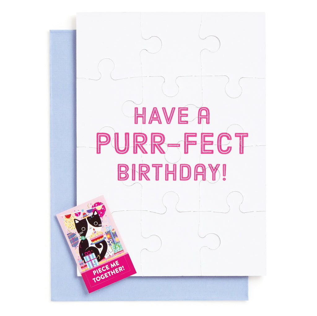 The Purr-fect Cat Birthday Greeting Card Puzzle by Tara Lilly spells out “Have a PURR-FECT Birthday!” in pink. Includes a black cat mini-card and blue envelope—ideal for feline-loving friends.