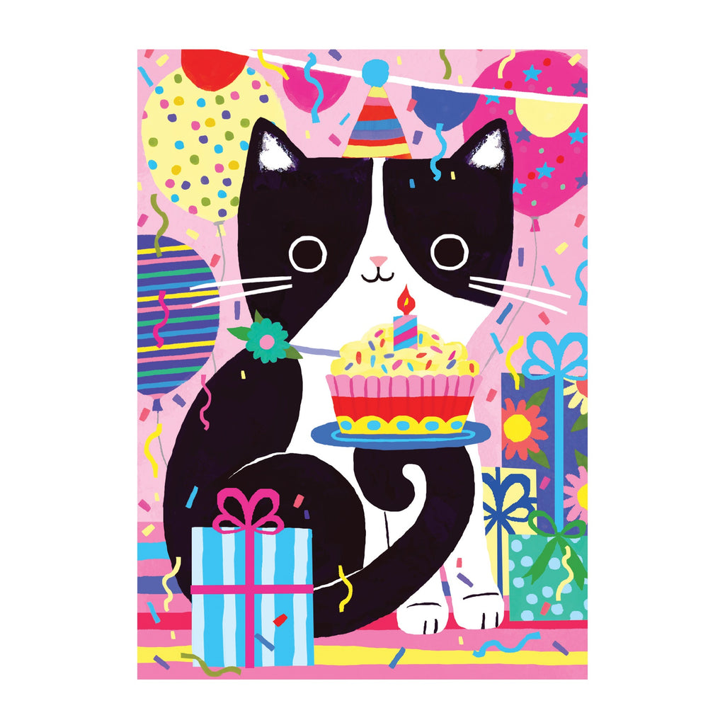 The Tara Lilly Purr-fect Cat Birthday Greeting Card Puzzle features a black and white cat in a party hat with colorful presents, balloons, and confetti on a festive pink background, holding a cupcake with a candle. Great for cat lovers!.