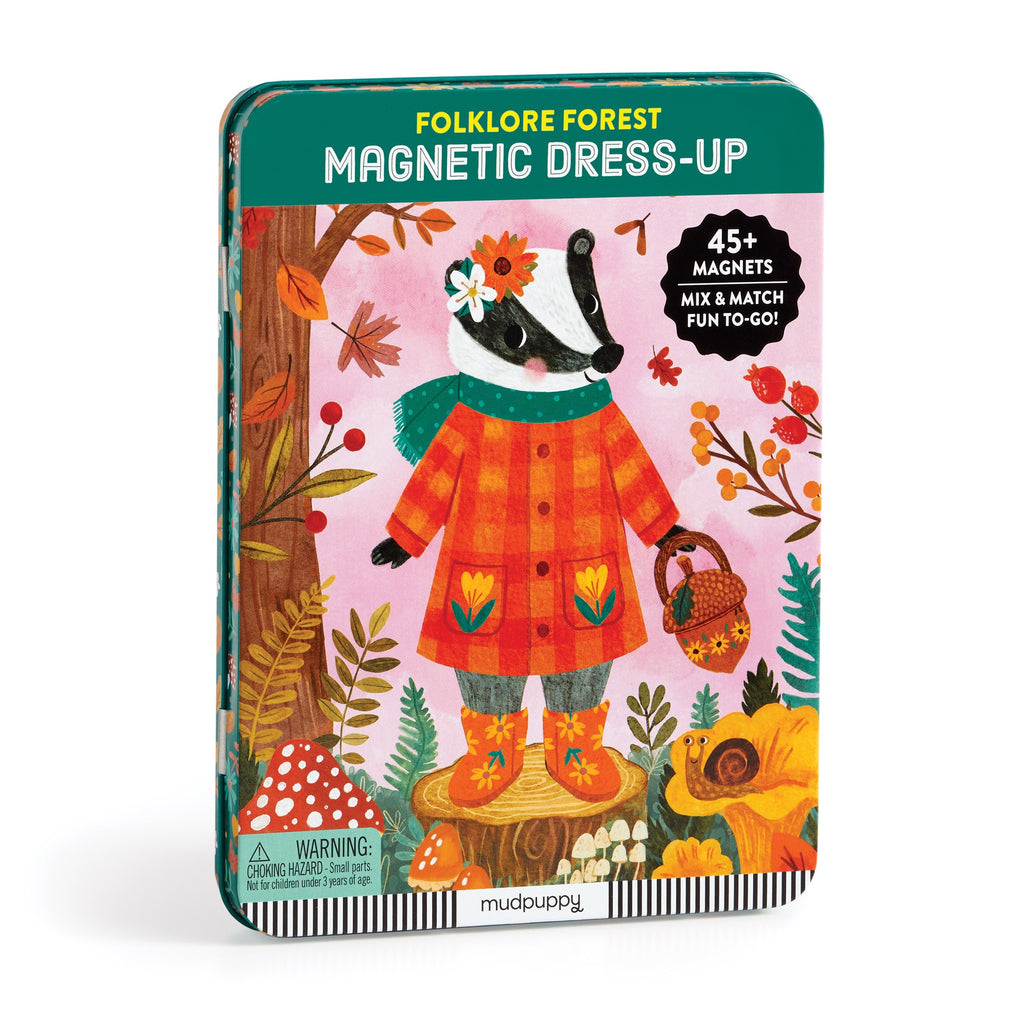 The Folklore Forest Magnetic Dress-up Play Set by Jenny Miriam Hughes features an illustrated badger in fairy tale attire, autumn leaves, and over 45 magnets with whimsical accessories in a colorful tin box.