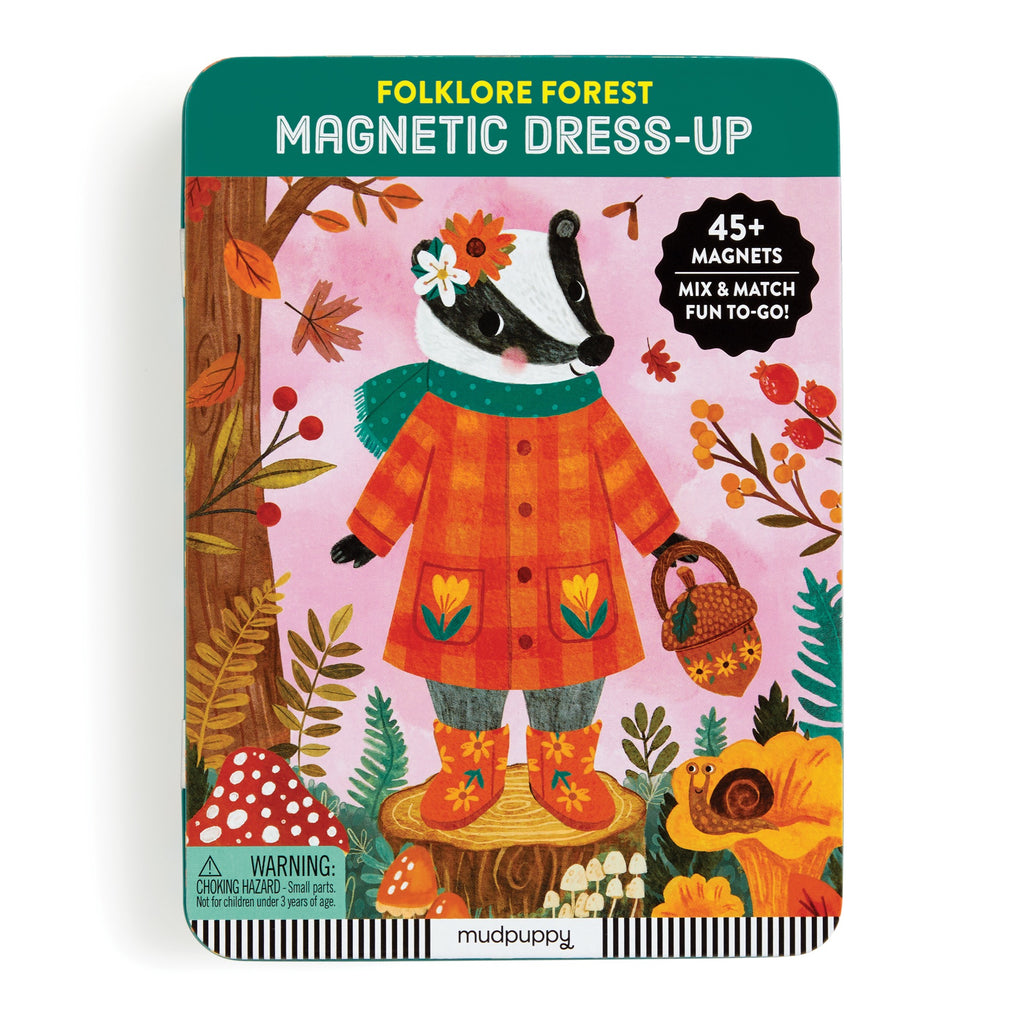 The Folklore Forest Magnetic Dress-up Play Set by Jenny Miriam Hughes features a badger in an orange coat among autumn leaves and includes 45+ fairy tale magnets for creative play.