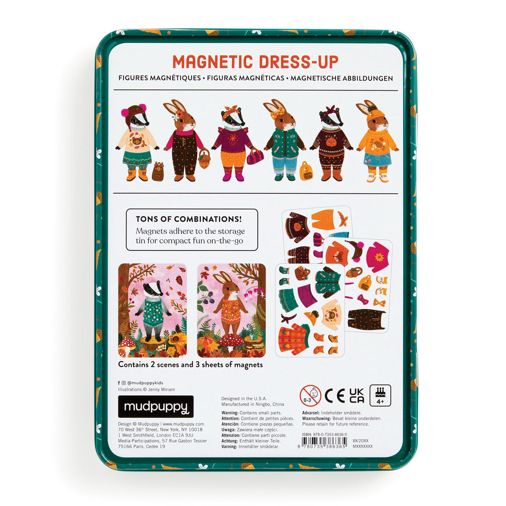 The Folklore Forest Magnetic Dress-up Play Set by Jenny Miriam Hughes features a rectangular tin with animal figures, 2 illustrated scenes, 3 magnet sheets, and fairy tale accessories for creative play. Product info and text are included on the back.
