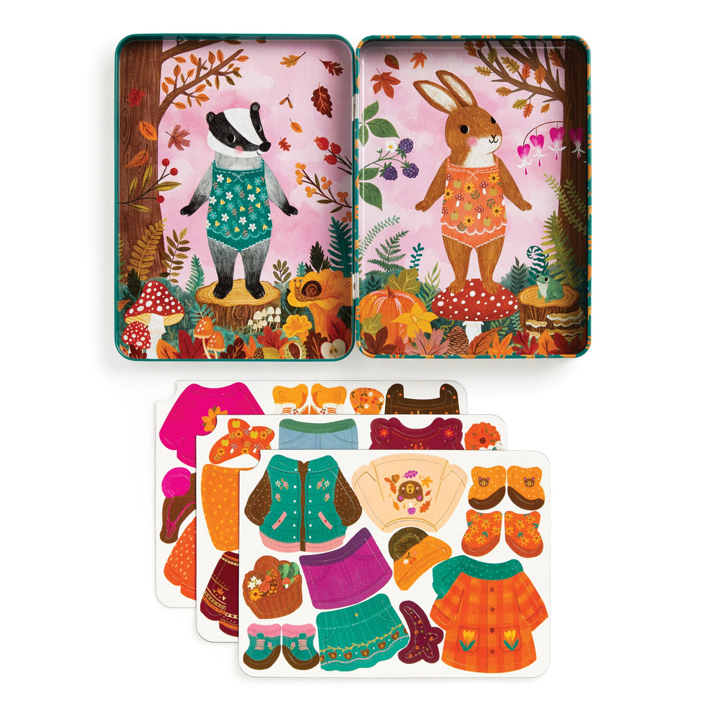 The Folklore Forest Magnetic Dress-up Play Set by Jenny Miriam Hughes features badger and rabbit cards with colorful, fairy tale-inspired magnetic clothes and accessories for creative play.