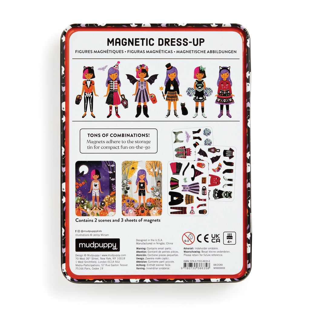 The Spooky Season Magnetic Dress-up Play Set by Jenny Miriam Hughes features four illustrated girls in themed outfits, scenes and magnetic clothing for creative play, plus product info in English and more at the bottom.