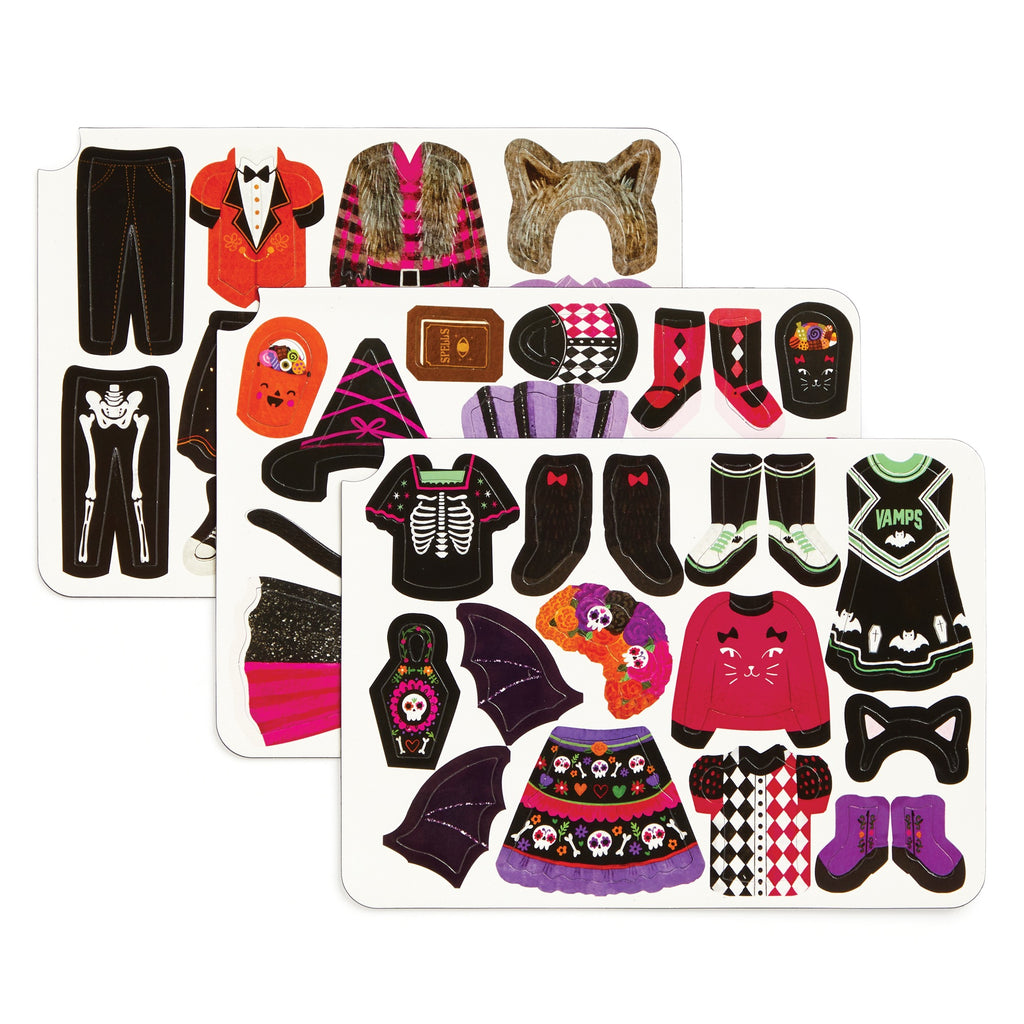 The Spooky Season Magnetic Dress-up Play Set by Jenny Miriam Hughes includes three sheets of Halloween-themed paper doll clothes and accessories—skeletons, bats, vampires, animal ears, shoes, socks, and skirts—for imaginative spooky season fun.