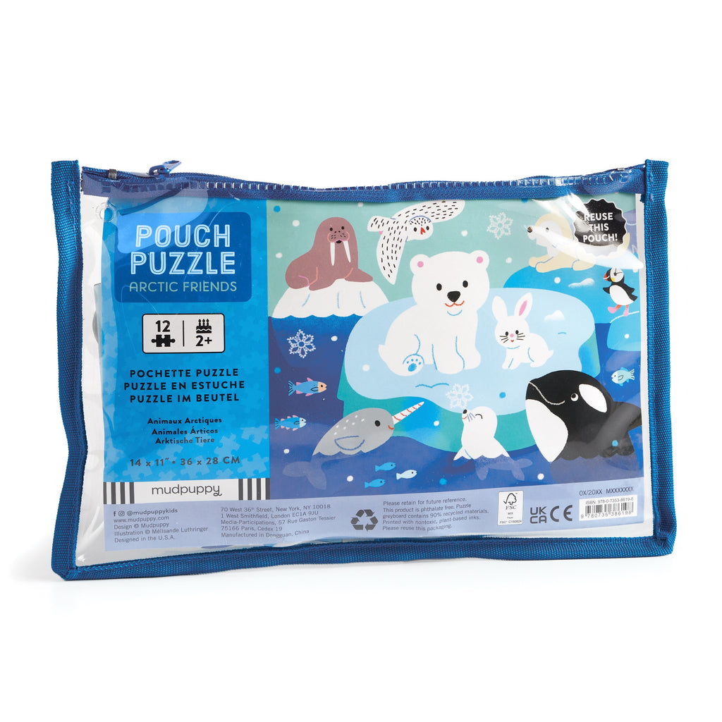 The Milisande Luthringer Arctic Friends 12-Piece Pouch Puzzle comes in a blue pouch and features illustrated polar pals—bear, rabbit, walrus, narwhal, seal, and penguin—exploring icy floes.