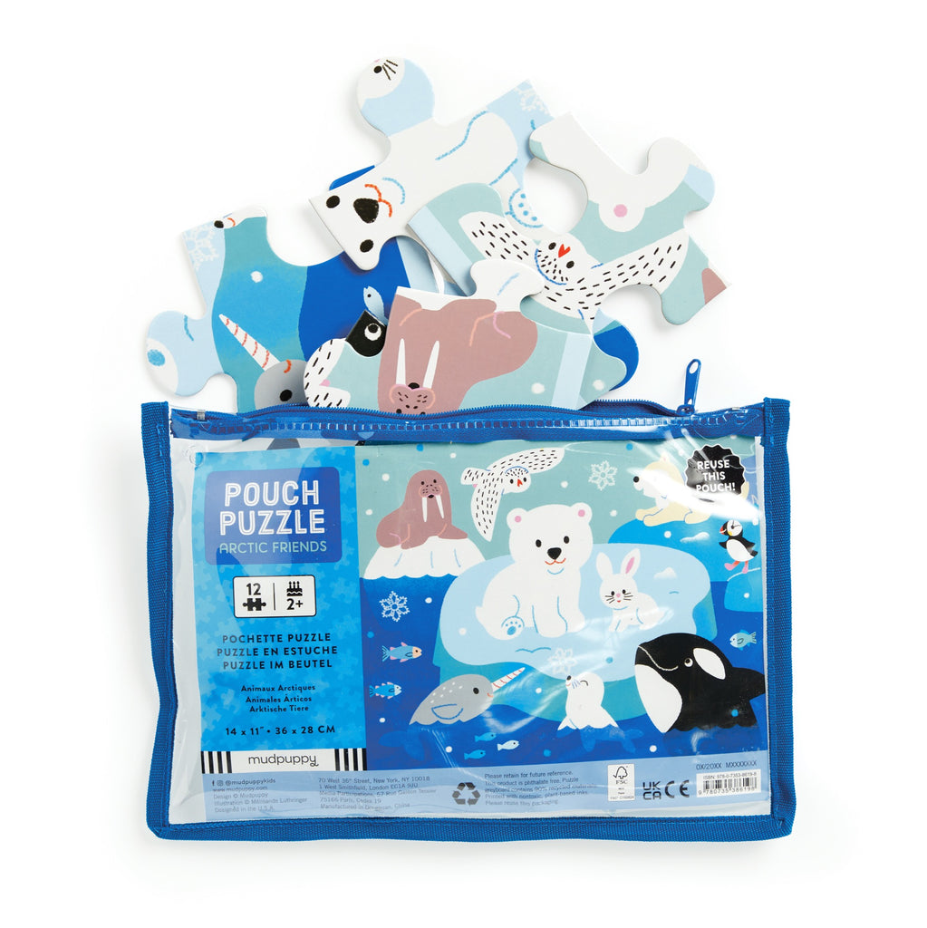 The Milisande Luthringer Arctic Friends 12-Piece Pouch Puzzle comes in a blue zippered pouch featuring arctic animals. Partially assembled polar-themed puzzle pieces peek out, and the label reads Arctic Friends.