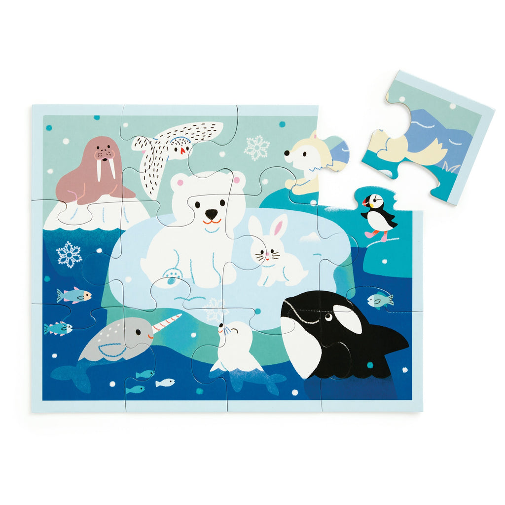 The Milisande Luthringer Arctic Friends 12-Piece Pouch Puzzle features playful Arctic animals with one piece detached in the corner.