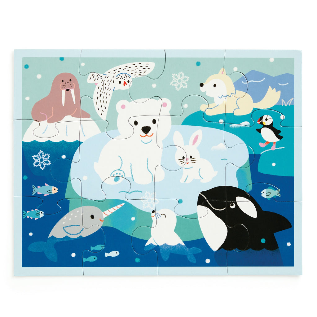 The Milisande Luthringer Arctic Friends 12-Piece Pouch Puzzle features polar bear, walrus, snowy owl, arctic fox, and more—set amid sparkling ice and snowflakes in a colorful design.
