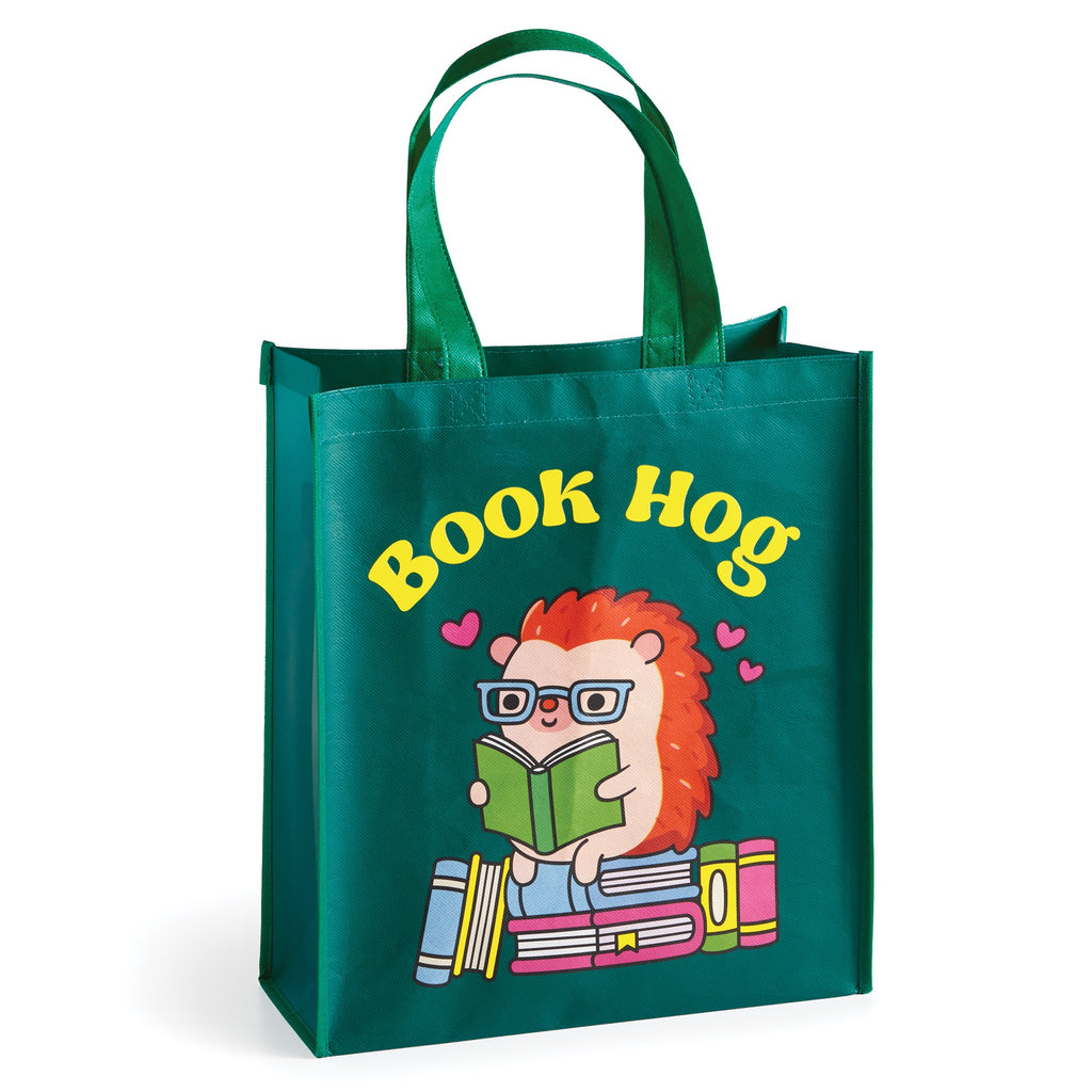 The Chan Yongxiang Book Hog Reusable Shopping Bag features BOOK HOG above a glasses-wearing cartoon hedgehog reading atop colorful books and pink hearts—a cute, eco-friendly tote for book lovers.