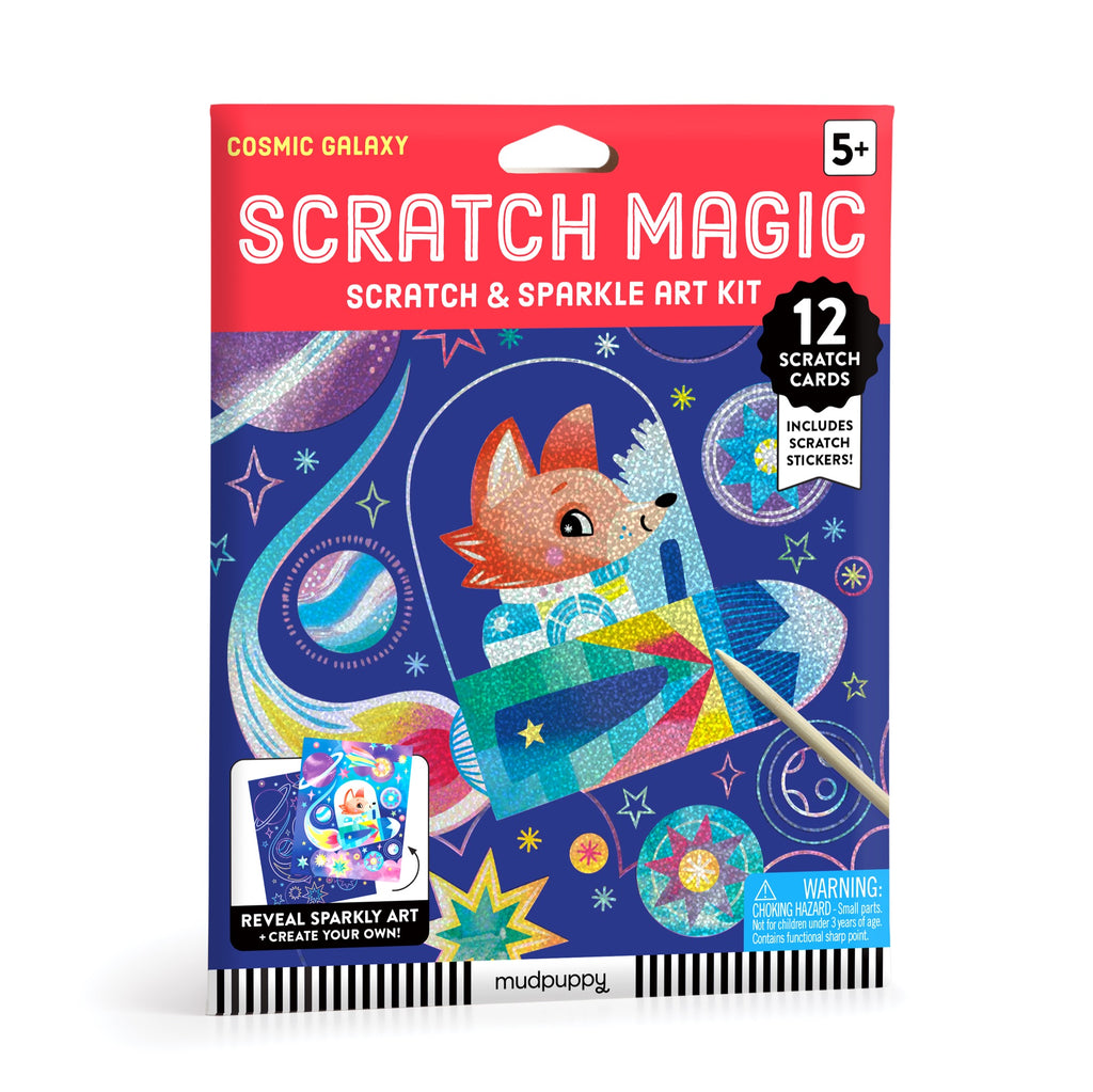 Katie Wood’s Cosmic Galaxy Scratch Magic kit for ages 5+ features a colorful fox in a spaceship, rainbow planets, 12 scratch cards, and stickers—perfect for young astronauts to create dazzling sparkly space art.