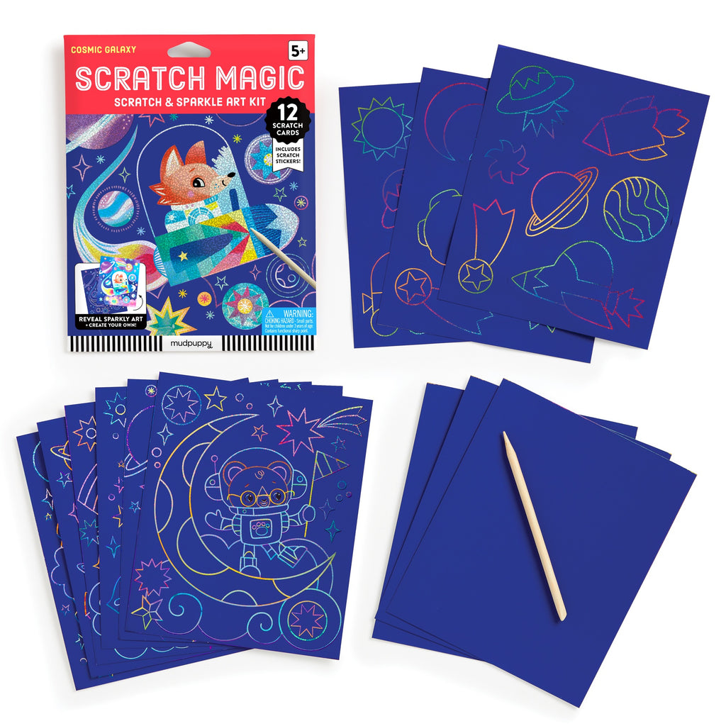 Katie Wood’s Cosmic Galaxy Scratch Magic kit includes a cartoon cat astronaut, 12 rainbow space scenes, blank sheets, and a wooden stylus—perfect for young astronauts to craft cosmic masterpieces.