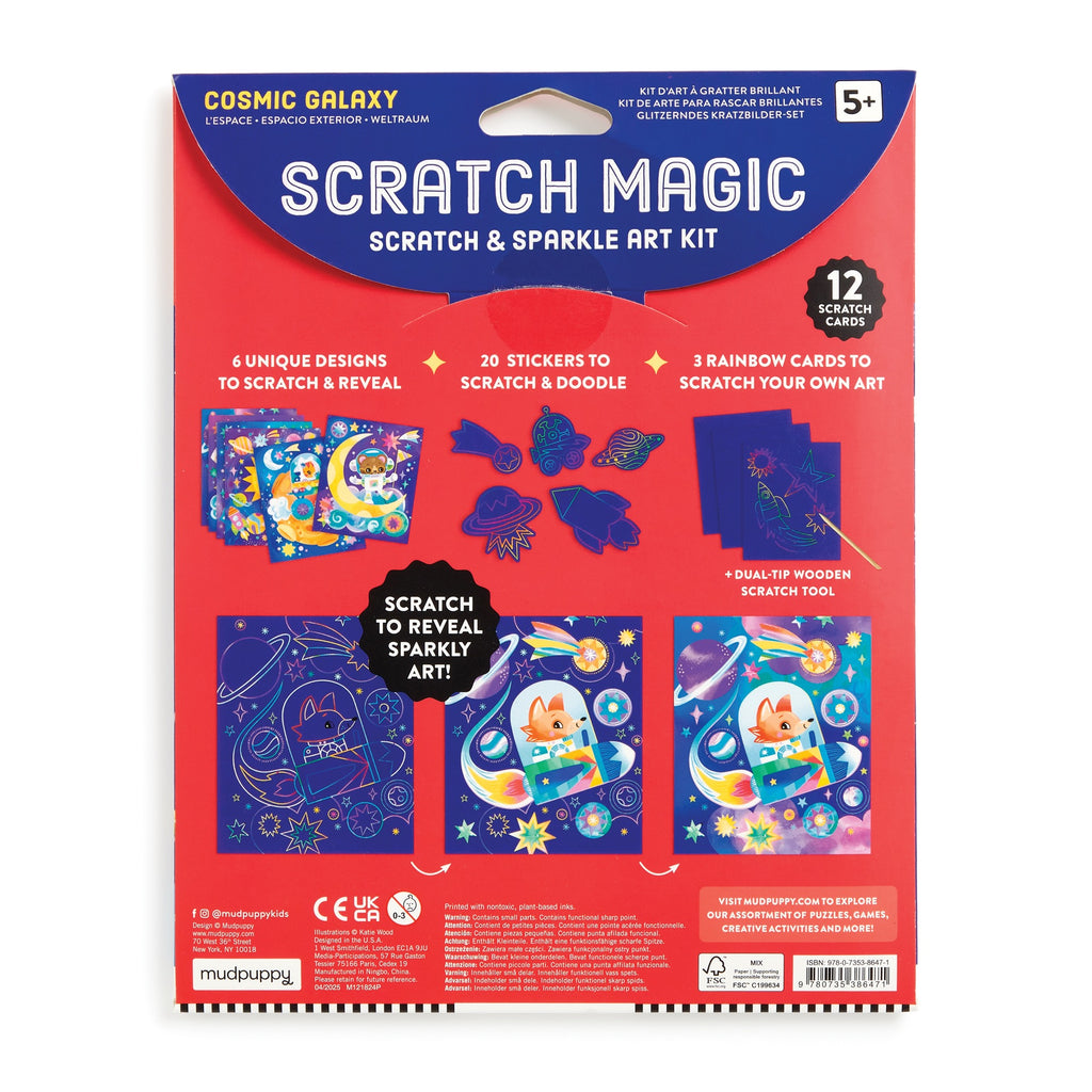 The back of the Katie Wood Cosmic Galaxy Scratch Magic art kit box shows vibrant space scenes, 20 stickers, illustrated instructions, and details: 12 scratch cards and 2 wooden styluses—perfect for young astronauts!.