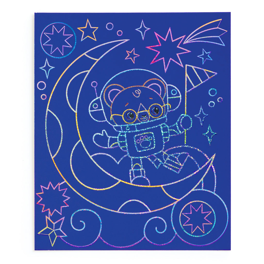 A vibrant bear in a spacesuit sits on a crescent moon holding a flag, surrounded by stars and swirls—ideal for Katie Wood’s Cosmic Galaxy Scratch Magic space scenes on a blue background.