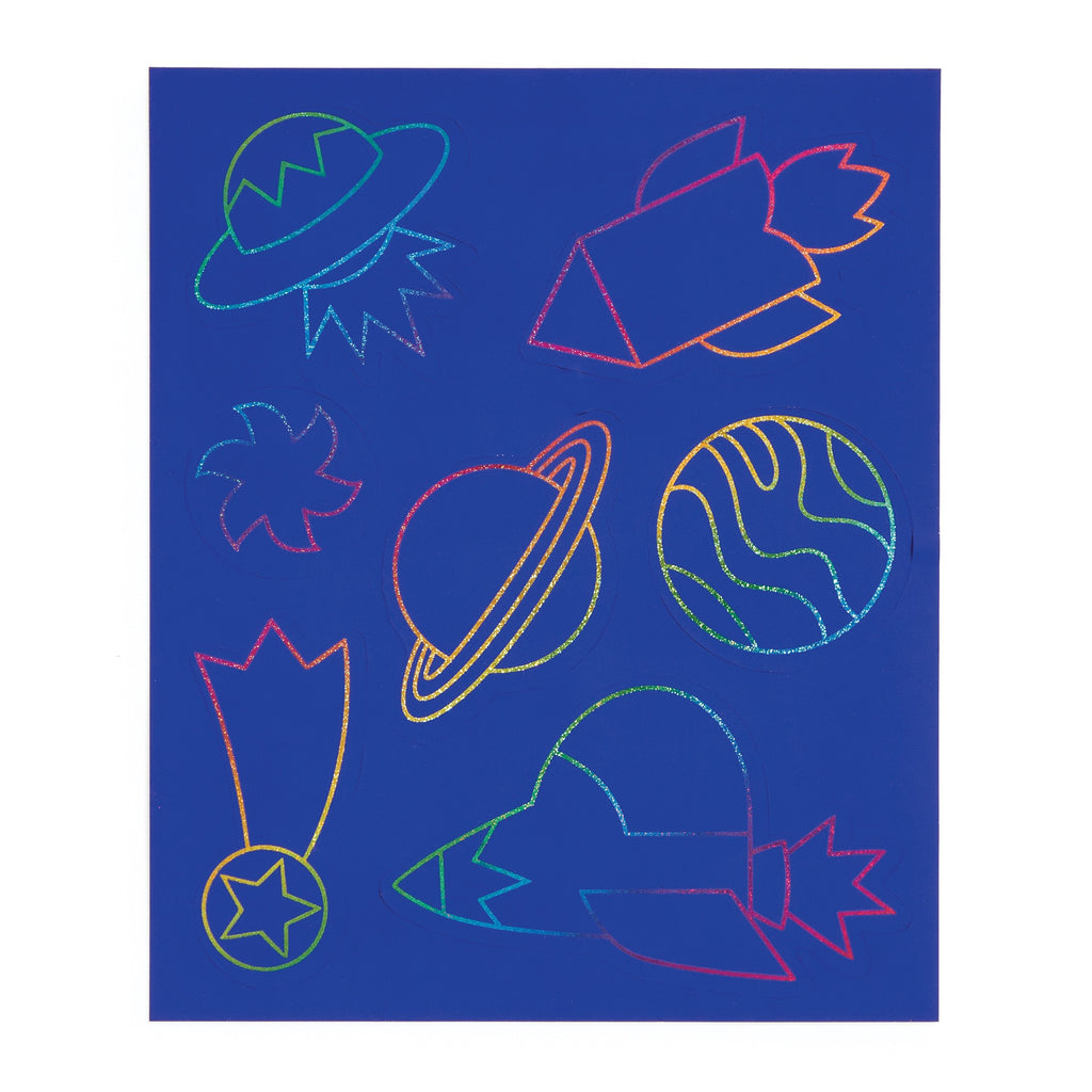 Colorful outlines of planets, rockets, comets, and stars in rainbow colors on a dark blue background create vibrant space scenes—perfect for young astronauts or Cosmic Galaxy Scratch Magic designs by Katie Wood.