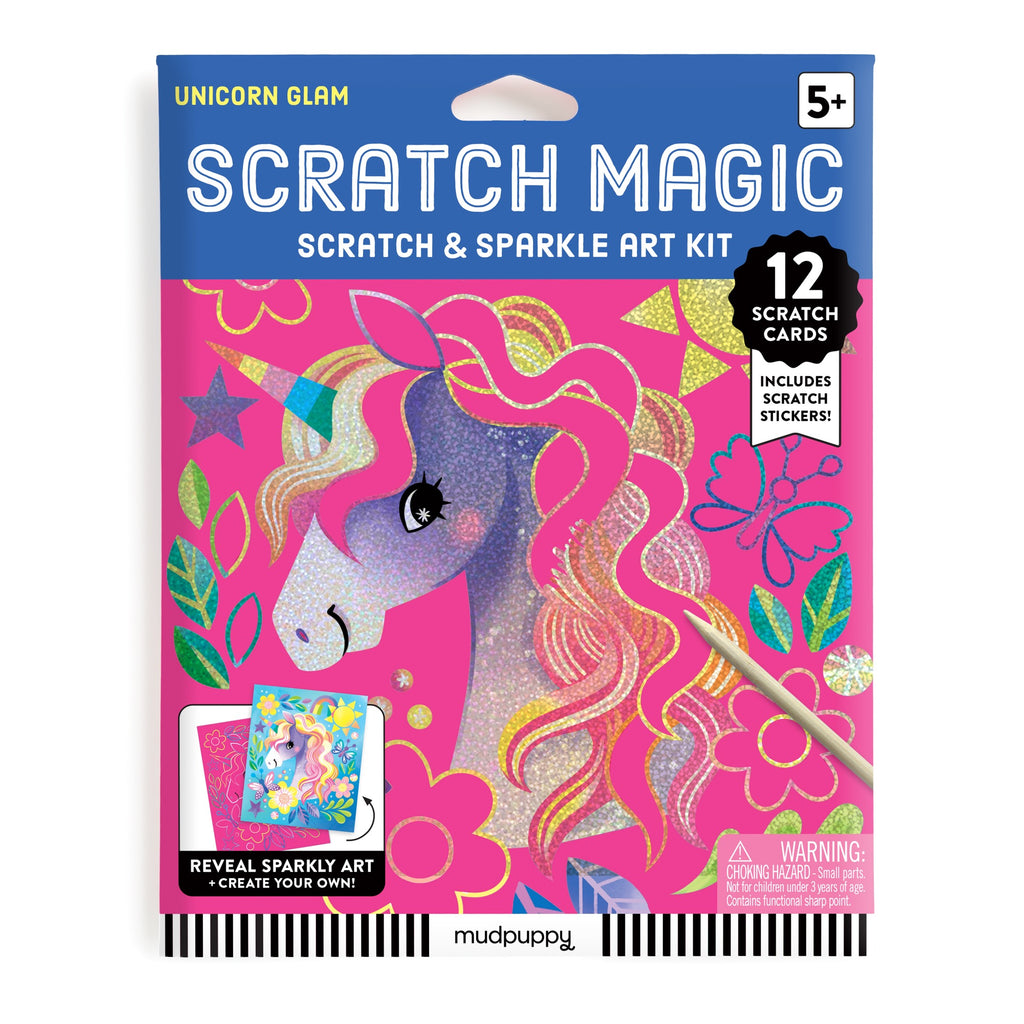 The Katie Wood Unicorn Glam Scratch Magic kit for ages 5+ includes 12 scratch cards, unicorn stickers, a scratch tool, and features a glittery unicorn on a pink floral box.