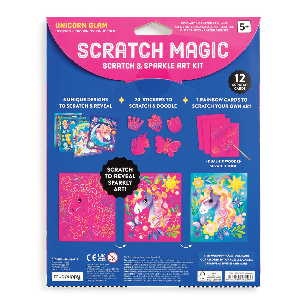 Back of the Katie Wood Unicorn Glam Scratch Magic kit box shows unicorn stickers, rainbow cards, scratch tool, illustrated instructions, and finished sparkling scratch art made with the included Unicorn Glam scratch cards.