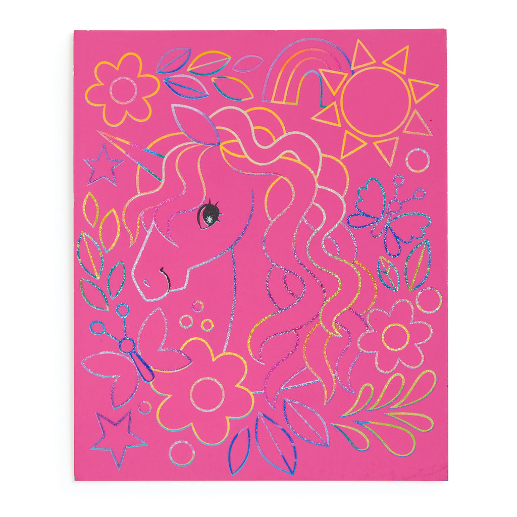 Unicorn Glam Scratch Magic by Katie Wood features a colorful unicorn head on pink with flowers, butterflies, leaves, and a rainbow sun in bright metallic outlines—a dreamy design perfect for unicorn stickers or scratch art lovers.