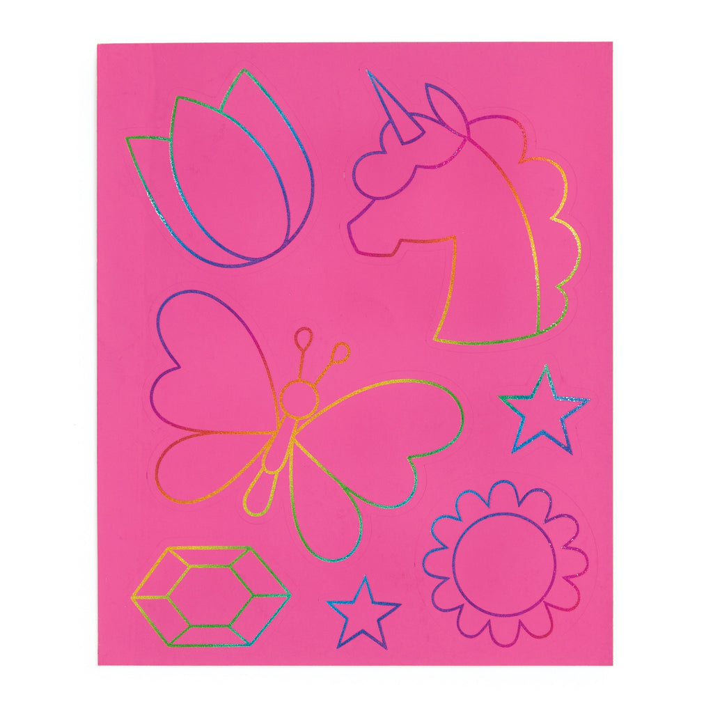 The Katie Wood Unicorn Glam Scratch Magic features a pink sheet with colorful outlines of a flower, unicorn head, butterfly, two stars, gemstone, and daisy—ideal for making your own magical unicorn stickers.
