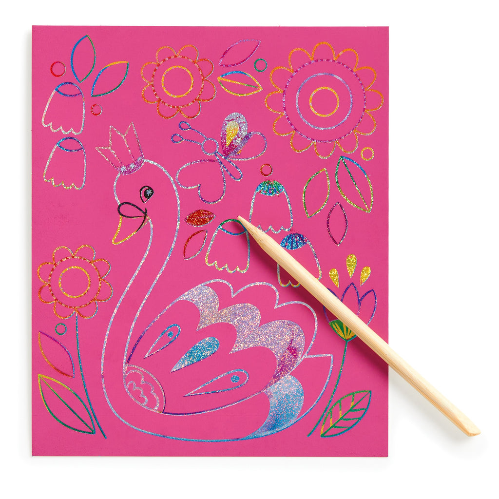 Create dazzling art with Katie Woods Unicorn Glam Scratch Magic! This pink sheet features a crowned swan, flowers, and a butterfly—scratch with the included stylus to reveal glittery colors. Pair with unicorn stickers for extra sparkle.