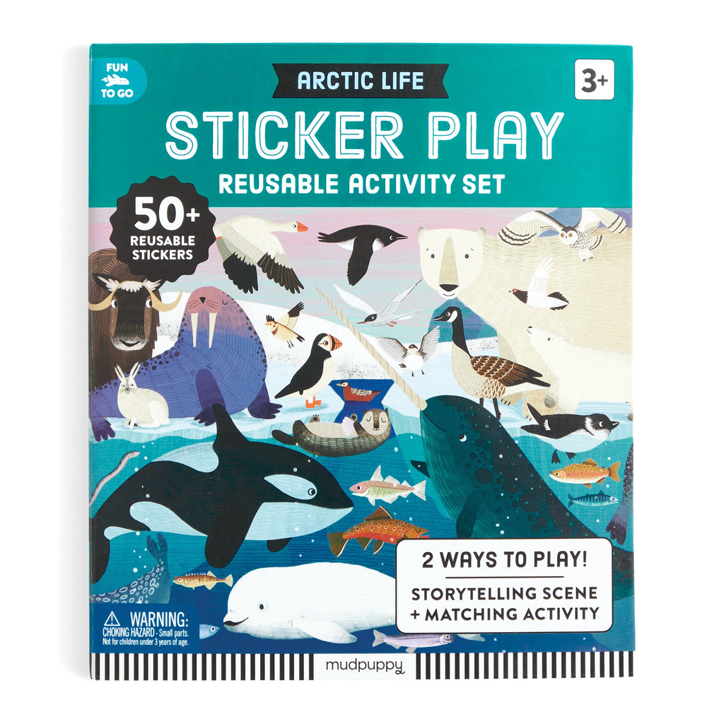 Front cover of the Hannah Abbo Arctic Life Sticker Play Reusable Activity Set for ages 3+, featuring illustrated arctic animals and birds. Includes 50+ reusable stickers and offers two ways to play for icy adventure fun.