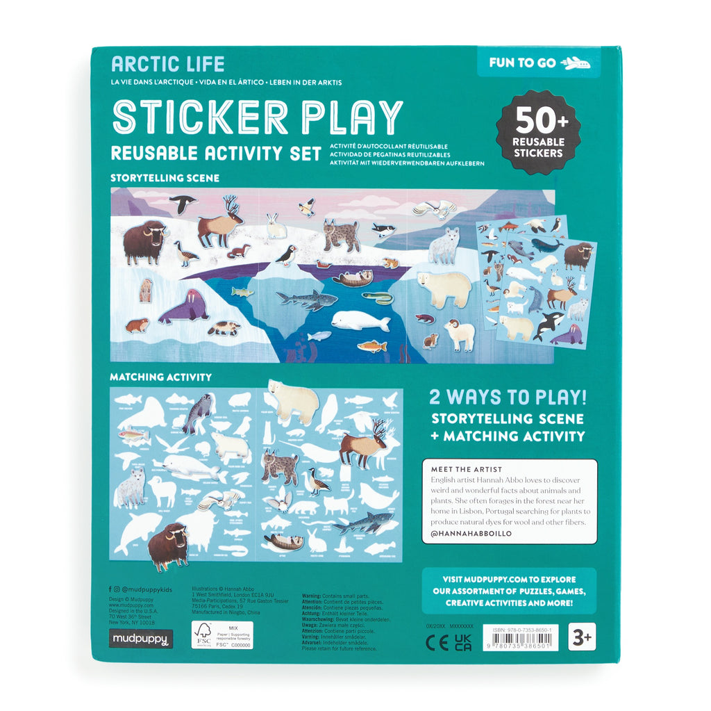 The image shows the back of the Hannah Abbo Arctic Life Sticker Play Reusable Activity Set, featuring 50+ reusable stickers, storytelling and matching activities, and illustrated Arctic animals on a themed background.