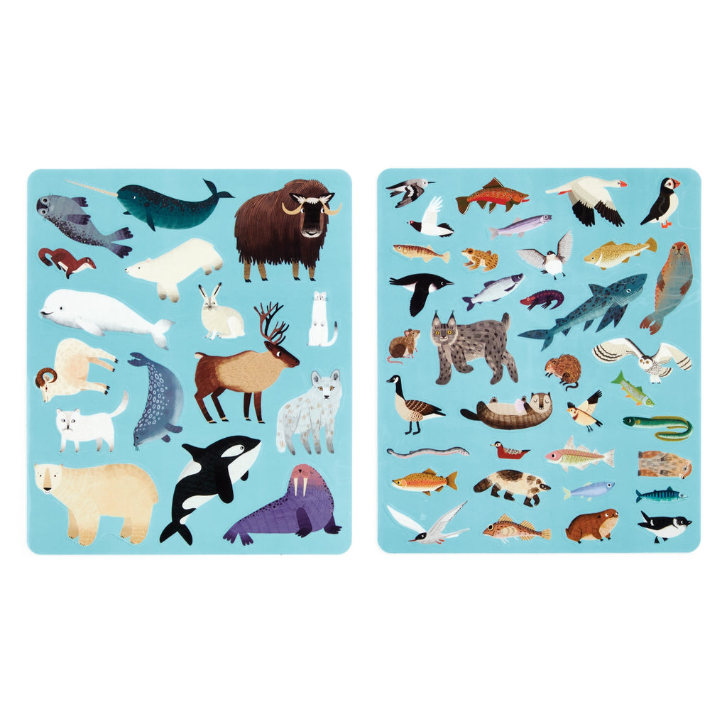 The Hannah Abbo Arctic Life Sticker Play Reusable Activity Set includes two blue sheets with illustrated stickers of whales, wolves, polar bears, seals, and birds—perfect for Icy Adventures and exploring Northern wildlife.