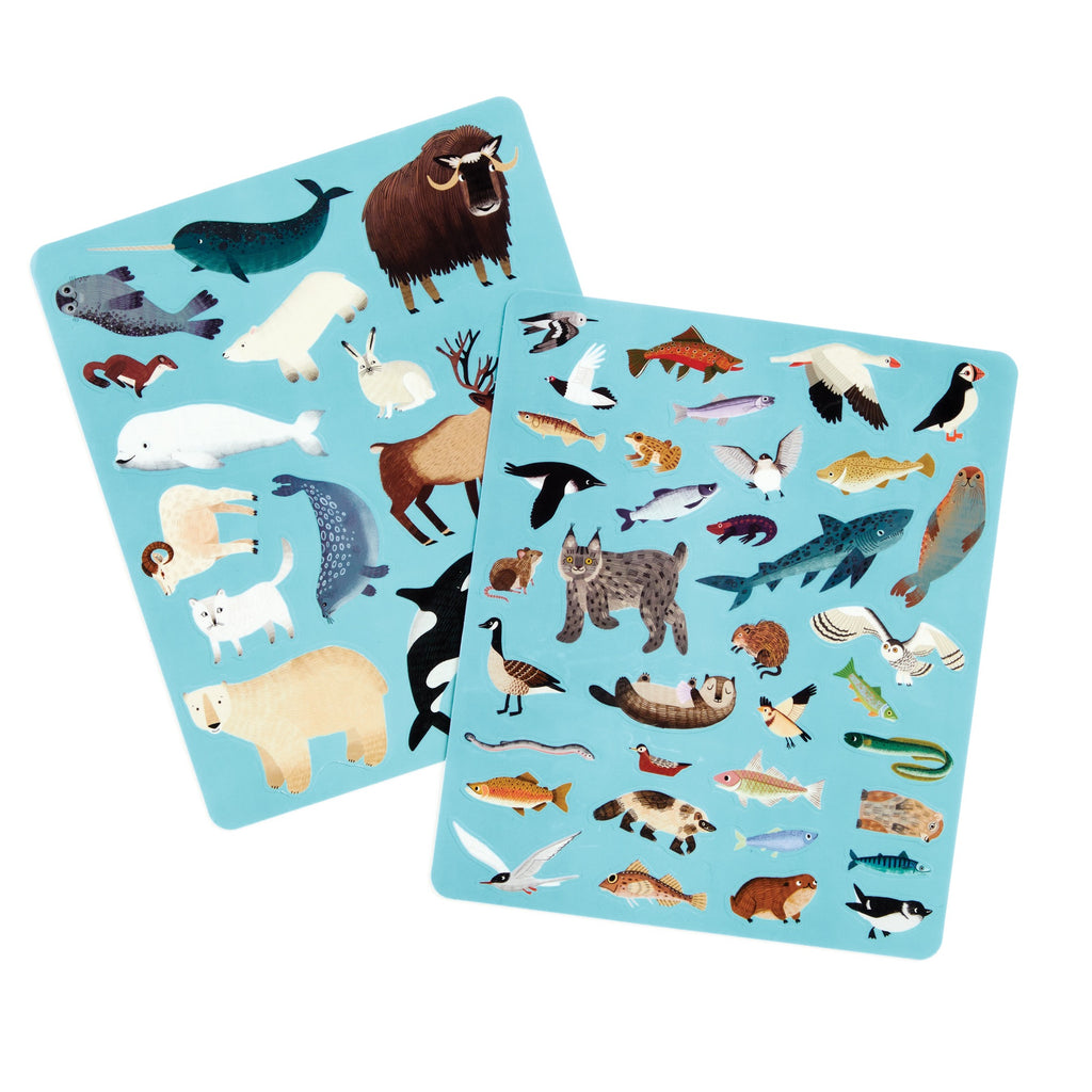 The Hannah Abbo Arctic Life Sticker Play Reusable Activity Set features two blue sheets with reusable stickers of whales, bears, foxes, birds, fish, and marine mammals—perfect for kids icy-themed adventures. Displayed on a white background.