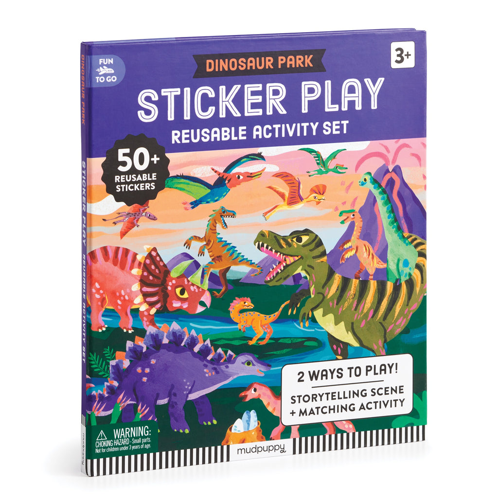 The Christiane Engel Dinosaur Park Sticker Play Reusable Activity Set for ages 3+ features over 50 reusable stickers, including illustrated dinosaurs, palm trees, and volcanoes for storytelling and matching fun in a Jurassic-themed world.