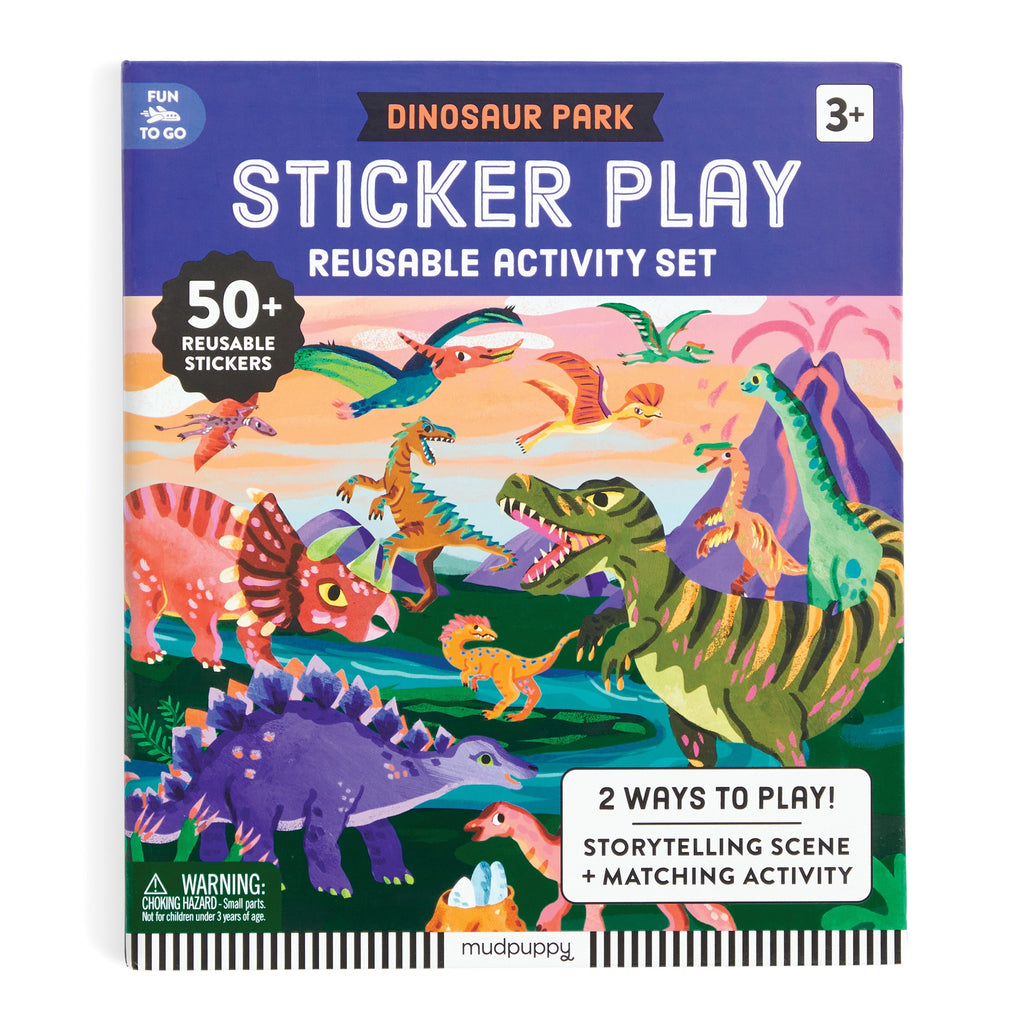 The Christiane Engel Dinosaur Park Sticker Play Reusable Activity Set for ages 3+ includes 50+ reusable stickers of dinosaurs, palm trees, and volcanoes, encouraging Jurassic world storytelling and matching fun.