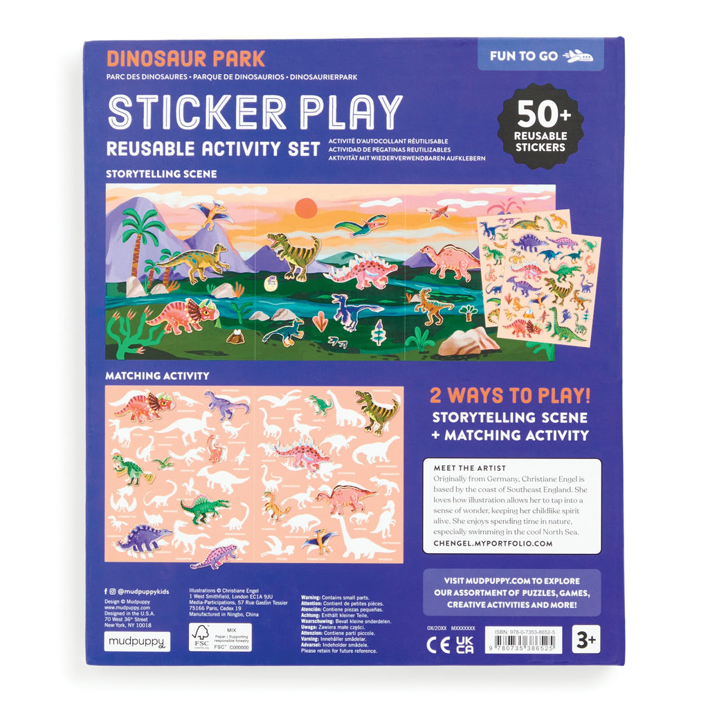 The back of the Christiane Engel Dinosaur Park Sticker Play Reusable Activity Set box features a vibrant Jurassic scene, sticker sheet, and instructions. Includes 50+ reusable stickers and activities for storytelling and matching. Suitable for ages 3+.