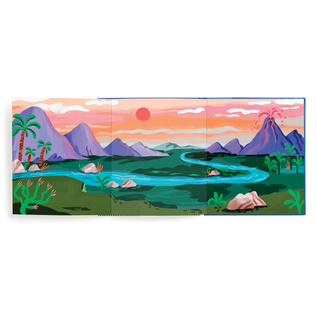 Vibrant Jurassic scene with green hills, river, palm trees, rocky terrain, purple mountains, and erupting volcano at sunset—perfect for the Christiane Engel Dinosaur Park Sticker Play Reusable Activity Set.