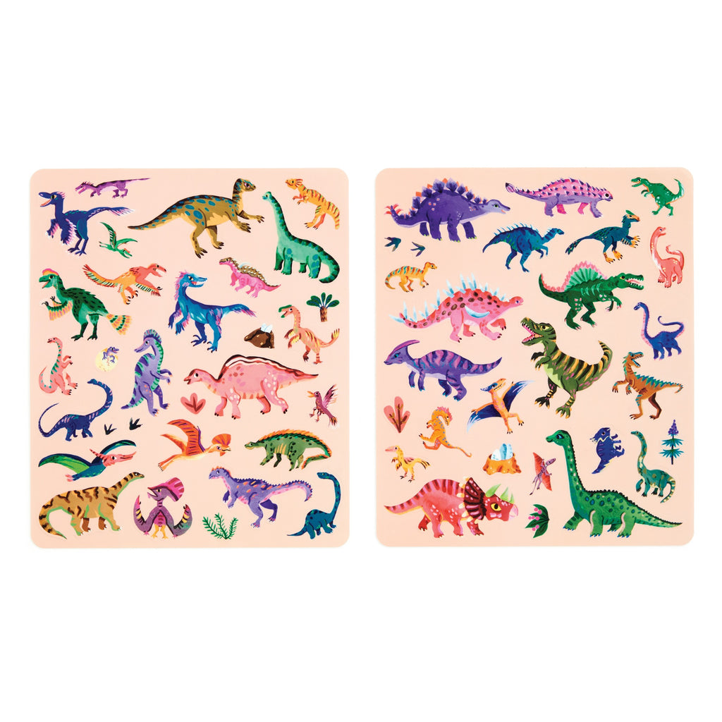 The Dinosaur Park Sticker Play Reusable Activity Set by Christiane Engel includes two sheets of vibrant dinosaur stickers, like T. rex and Triceratops—perfect for creative, reusable fun!.