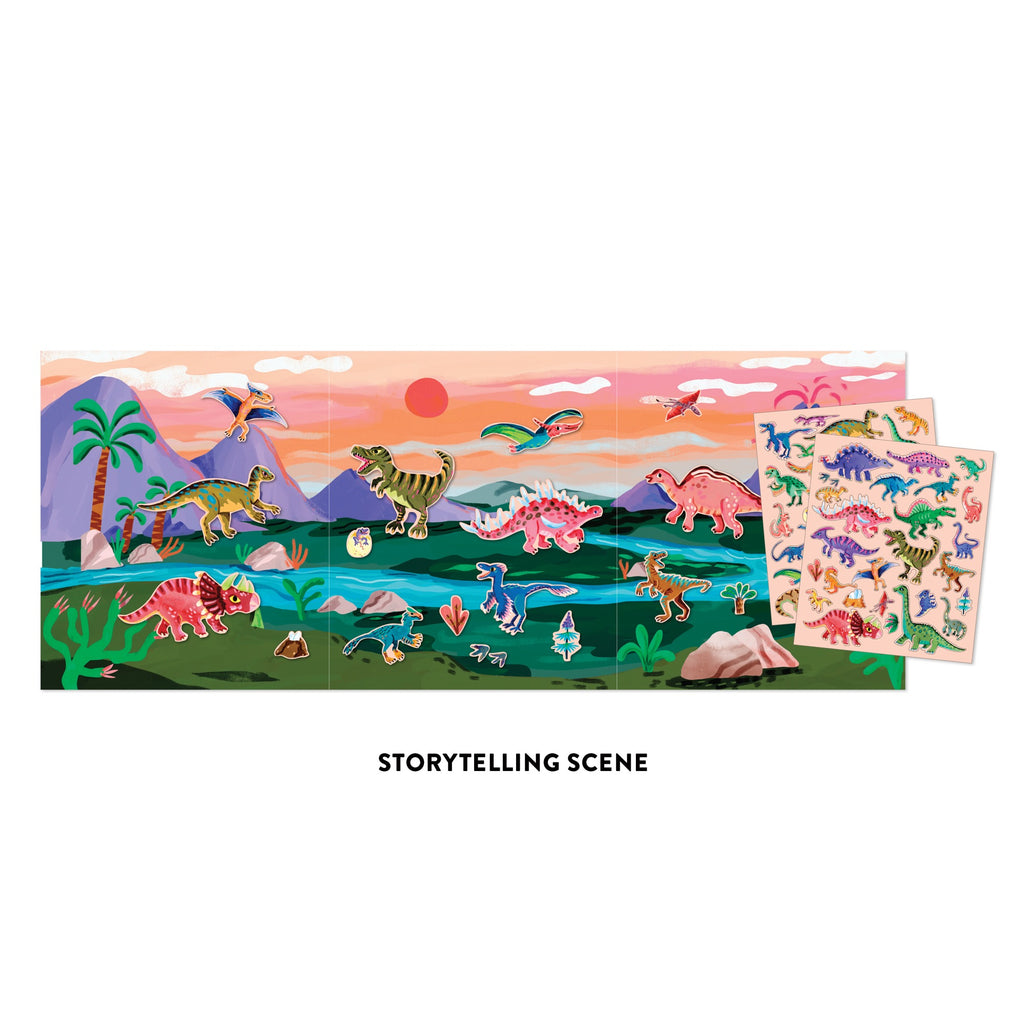 The Christiane Engel Dinosaur Park Sticker Play Reusable Activity Set features a vibrant Jurassic scene with mountains, palm trees, and dinosaurs. Two reusable sticker sheets with various dinosaurs and plants are shown at right. Text below: STORYTELLING SCENE.