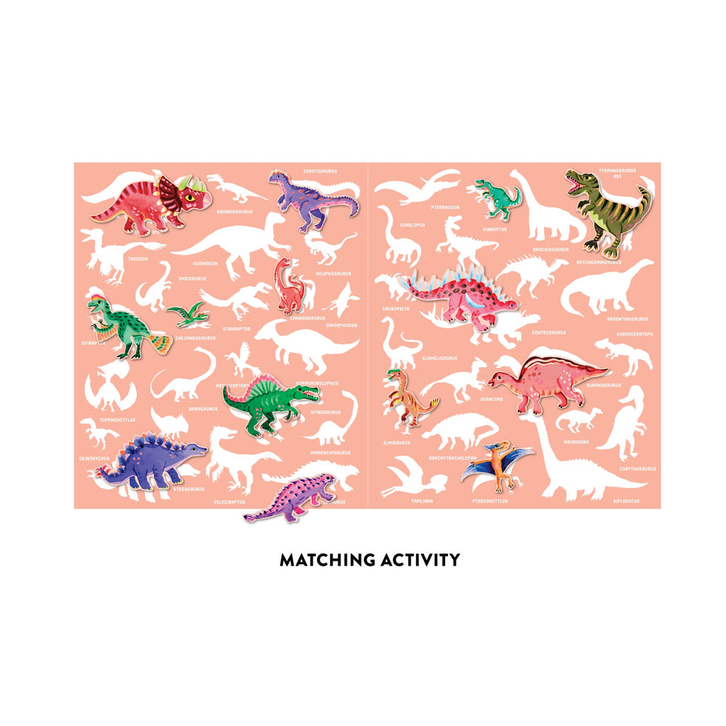 The Dinosaur Park Sticker Play Reusable Activity Set by Christiane Engel features colorful dinosaur stickers on a peach background with white silhouettes as matching spots. Below, “MATCHING ACTIVITY” is displayed.