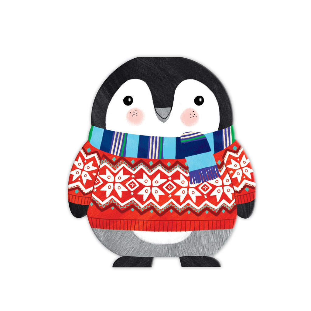 An illustration of a cute penguin in a red sweater with white snowflakes and a striped scarf, inspired by Rebecca Jones Penguin Stack-up Wooden Balancing Game, standing on a white background.
