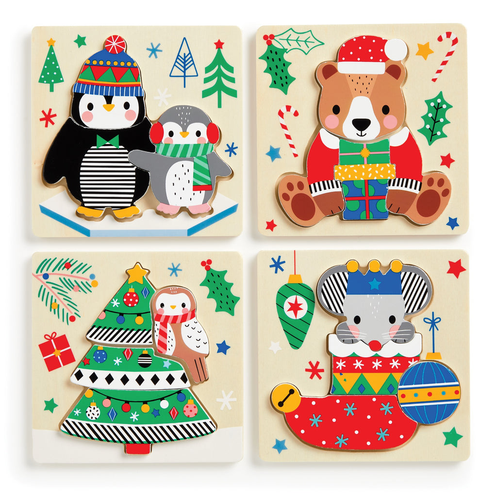 The Wendy Kendall Festive Friends Set of 4 Wood Puzzles features holiday scenes: penguins in winter hats, a Santa bear with a gift, an owl in a Christmas tree, and a mouse in a stocking.