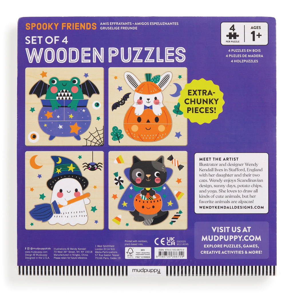 The Wendy Kendall Spooky Friends Set of 4 Wood Puzzles features extra-chunky pieces with spooky bat, owl, cat, and bear designs in Halloween costumes. Durable wood construction makes it perfect for ages 1+.