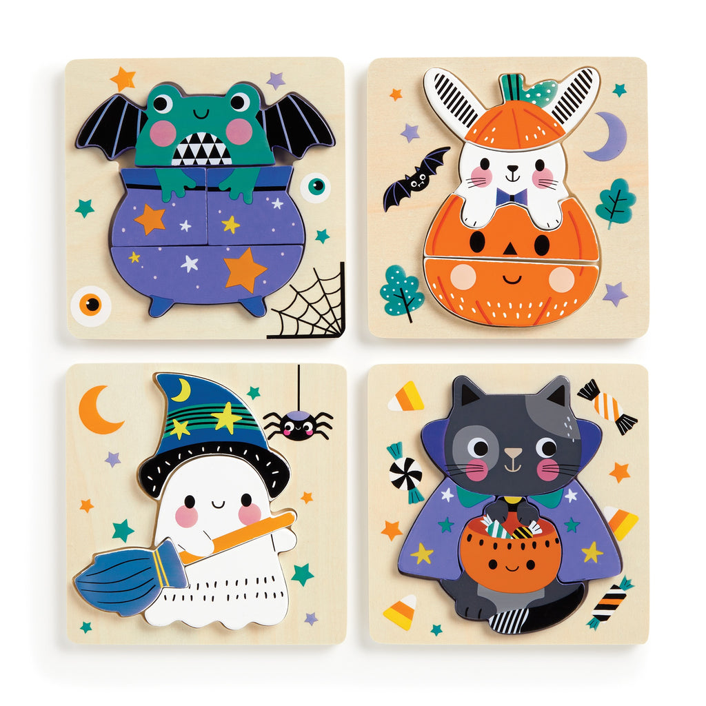 The Wendy Kendall Spooky Friends Set of 4 Wood Puzzles features a bat-frog in a cauldron, rabbit in a pumpkin, ghost with broom, and cat in cape. Each puzzle is made of durable wood with vibrant Halloween designs.