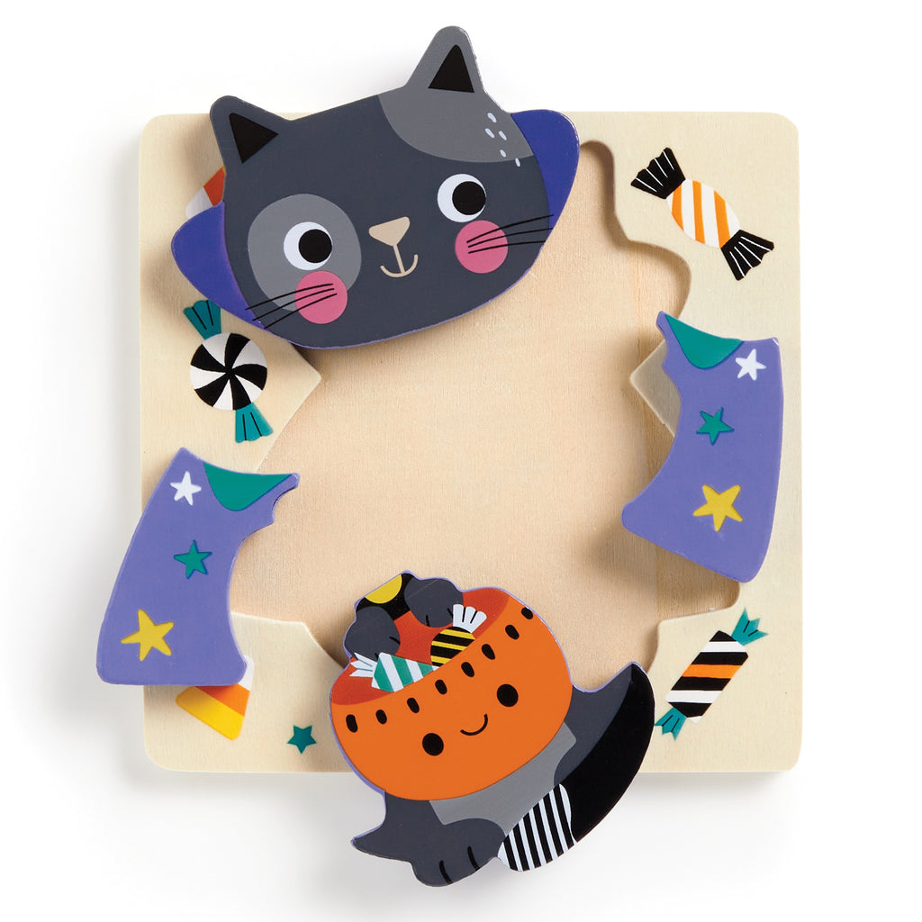 The Wendy Kendall Spooky Friends Set of 4 Wood Puzzles features durable wooden pieces, including a smiling black cat, a bat with an orange candy bucket, and starry candies, all on a sturdy square board.