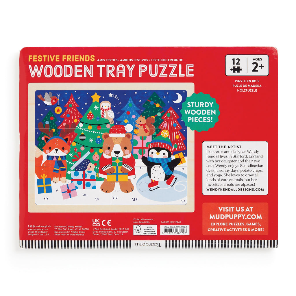The Festive Friends 12 Piece Wooden Tray Puzzle by Wendy Kendall features holiday characters with gifts around a Christmas tree. For ages 2+, this sturdy wooden puzzle offers festive fun and includes 12 pieces in a colorful box.
