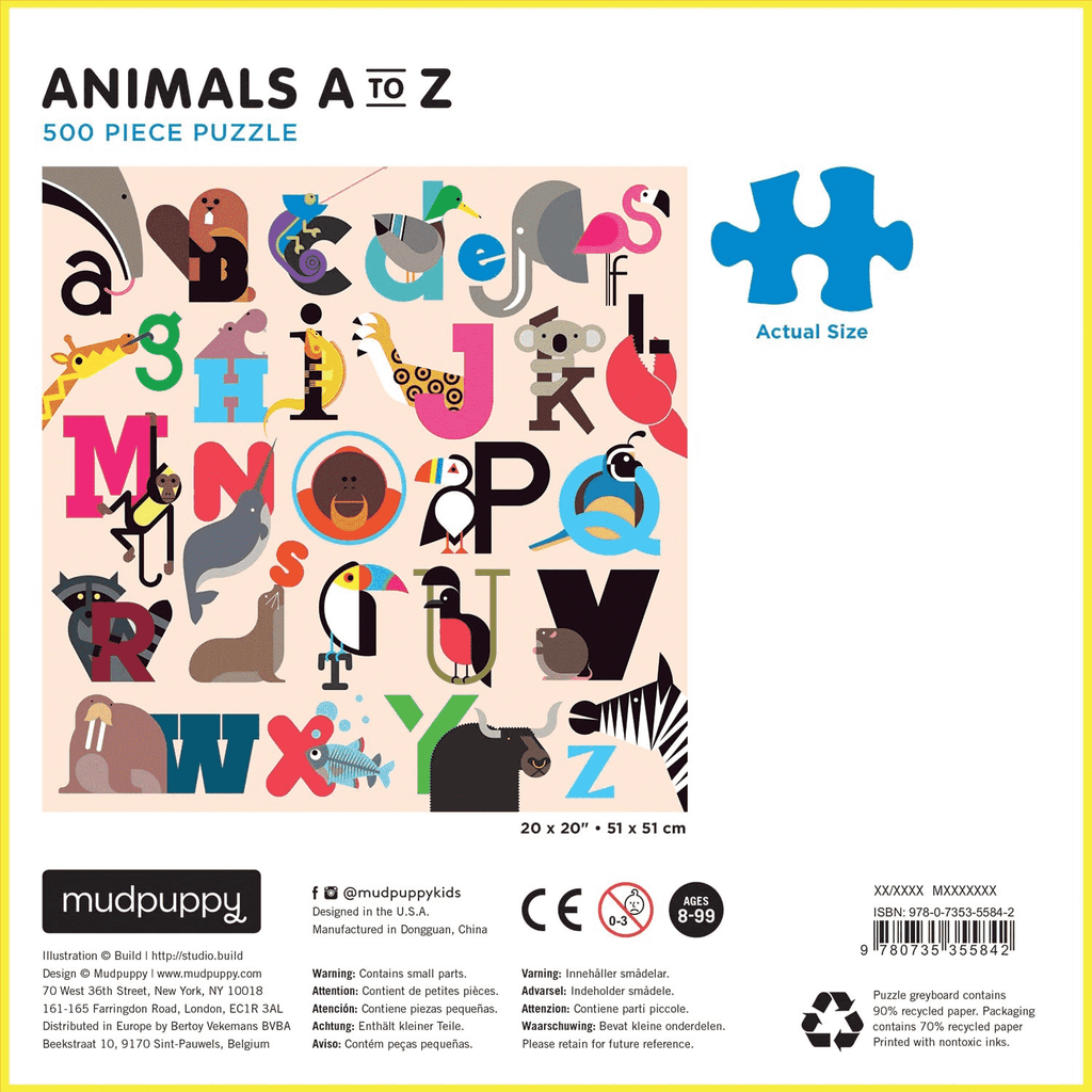 Animals A-Z 500 Piece Puzzle Family Puzzles Mudpuppy 